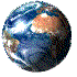 A rotating Earth globe with blue oceans, white clouds, and brown landmasses, viewed from multiple angles in a
