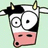 Pixelated cartoon cow head with black-and-white patches, two small horns, large round eyes, and a pink snout against light green background.