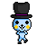 A 4-frame pixel art animation of a blue cartoon character wearing a black top hat with purple band, shown in different poses across the frames.