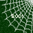 Dark green background with white spiderweb pattern and 'BOO!' text in light gray pixelated font.