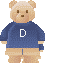 Pixelated teddy bear in blue sweater with white 'D' on chest, standing with smaller bear in blue sweater with white 'J' on chest, both on gray background.