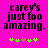 Bright pink background with black pixelated text reading 'carey's just too amazing.' and five small star symbols below.
