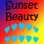 Pixelated text 'Sunset Beauty' above two rows of blue heart icons on a gradient background transitioning from purple to red to yellow.