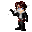 Pixel art character with brown hair and blue eyes in black outfit with red belt, shown in multiple poses with white motion trails on gray background.
