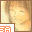 Pixelated anime-style character with closed eyes and light brown hair, framed by a thin brown border, with orange text in the bottom-left corner.