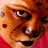 Pixelated close-up of a dog's face with brown fur, dark eyes, and black nose against red background.