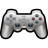 Pixelated white game controller with black outline, four colored buttons, and two analog sticks on gray background.