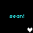 Pixelated cyan text 'sean!' appears in four corners of a black background with two white and two gray heart icons positioned centrally.