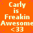 Orange background with repeated text and symbols in light yellow, featuring 'Carly is Freakin Awesome' and '<33' across multiple