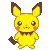 Pixel art contact sheet of two Pikachu frames showing static and smiling expressions with brown-tipped ears, red cheeks, and tail on gray background.
