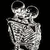 Pixelated grayscale image of a stylized figure with large circular eyes and an open mouth, holding a rectangular object against a black background.