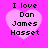 Four identical pixelated heart-shaped icons with black text reading "I love Dan James Hassett" on a bright pink background.
