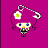 Pixel art character with pink hair, white flower accessory, blue eyes, black outfit holding a small object against magenta background with text variations.