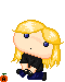 Pixel art character with blonde hair and black clothing in multiple expressions, each with a small orange pumpkin icon below.