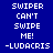 Blue background with white pixelated text repeating 'SWIPER CAN'T SWIPE ME! -LUDACRIS' in three across two