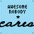 Light blue pixelated background with repeated text and symbols in black and blue, featuring 'AWESOME NOBODY' and 'care' in stylized fonts.