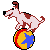 Pixelated dog with brown patches stands on a striped ball, transitioning through multiple poses across frames.