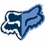 Blue fox head silhouette with white outline on left, 'fox racing' text in white on blue background right; gray below. Static image