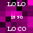 Pixelated text elements in white and pink on a purple and black checkered background, with repeated 'LOLO' and 'is so' phrases.
