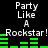 Pixelated text and green audio bars on black background, repeating 'Party Like A Rockstar!' in two with green bar animations