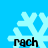 Four identical pixelated snowflakes on a solid blue background, each with the text 'rach' below it in black lowercase letters.