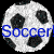 Pixelated soccer ball with black and white pattern overlaid by blue text reading "Soccer!" on a black background.