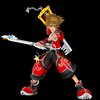 Four distinct character poses of a blonde-haired figure in various outfits holding key-shaped weapons against a black background.