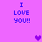 Purple background with blue text reading "I LOVE YOU!!" in four corners and three pixelated hearts at center, top-right, and bottom-right.