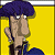 Pixelated cartoon character with purple afro hair and blue clothing against a yellow background, next to green text reading "Original Icons .com" on dark green.