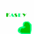 Green pixelated text 'KASIE' with a downward arrow above two green heart icons on white background.