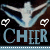 Animated cheerleading icon showing a white stick figure with blue wings performing a split pose, surrounded by four heart symbols and the word "CHEER" in light blue text on dark background.
