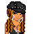 Pixel art contact sheet of a female character with long brown and blonde hair wearing black clothing, displayed across multiple frames showing different poses and text elements.