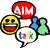 Pixelated cartoon-style icon featuring a red speech bubble with white text, a yellow smiley face, and a white speech bubble with multicolored text.