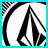 Two side-by-side pixelated images of a black circular logo with three triangular shapes inside, bordered by cyan and pink frames.