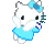 Pixelated white cat with blue bow and dress, yellow nose, dark eyes, and blue wrist accessory, in various poses across a