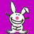 Pixelated bunny icon with pink nose and blue eyes on purple background, surrounded by stylized text fragments in mixed case.