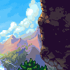 Pixel art landscape showing a rocky cliff face, distant mountains under blue sky with clouds, and green foliage in foreground.
