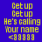 Pixelated text displays 'Get up', 'He's calling', and 'Your name' with '<8888' on blue background, alternating between solid blue and cyan horizontal bars.