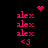 Pixelated pink text 'alex' repeats vertically with '<3' symbols, accompanied by animated heart and starburst effects on a black background.