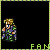 Pixel art character with blonde hair in a ponytail, wearing purple and green clothing, standing against black background with repeated 'FAN' text below.