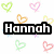 Pixelated text labels 'Hannah', 'Rae', and 'Tell' appear over distinct background patterns of hearts, flowers, and circles.