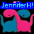 Pixelated image of two dinosaurs with text 'Jennifer H!' in different colors and positions, featuring a heart symbol.