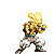 Pixel art character with spiky golden hair in fighting stance, wearing white pants and dark boots, shown across multiple animation frames.