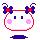 Pixelated cartoon character with white rounded head, red outline, pink cheeks, and purple antennae with red centers, showing multiple facial expressions and mouth positions.