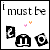 Animated icon with text 'i must be' and three black-and-white symbols, featuring pink/orange hearts above the symbols that change position across frames.