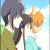 Pixelated anime-style icon showing two characters with animal ears, one in green and white clothing holding a blue object near the other's face against a sky background.