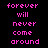 Pixelated text with pink words on black background, blue highlighted cycling through 'forever', 'will', 'never', 'come', 'around' in a static layout