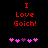 Red pixelated text "I Love Goich!" on black background with pink and purple heart symbols below, two variations of symbol arrangement.