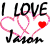 Three variations of a 'I LOVE Jason' design with interlocking hearts, each featuring distinct color schemes and heart fill colors.