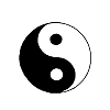 Four circular icons arranged in a : top-left yin-yang, top-right modified yin-yang with heart-shaped black section, bottom-left Mickey Mouse head silhouette, bottom-right full-color Mickey Mouse face with red mouth and striped background